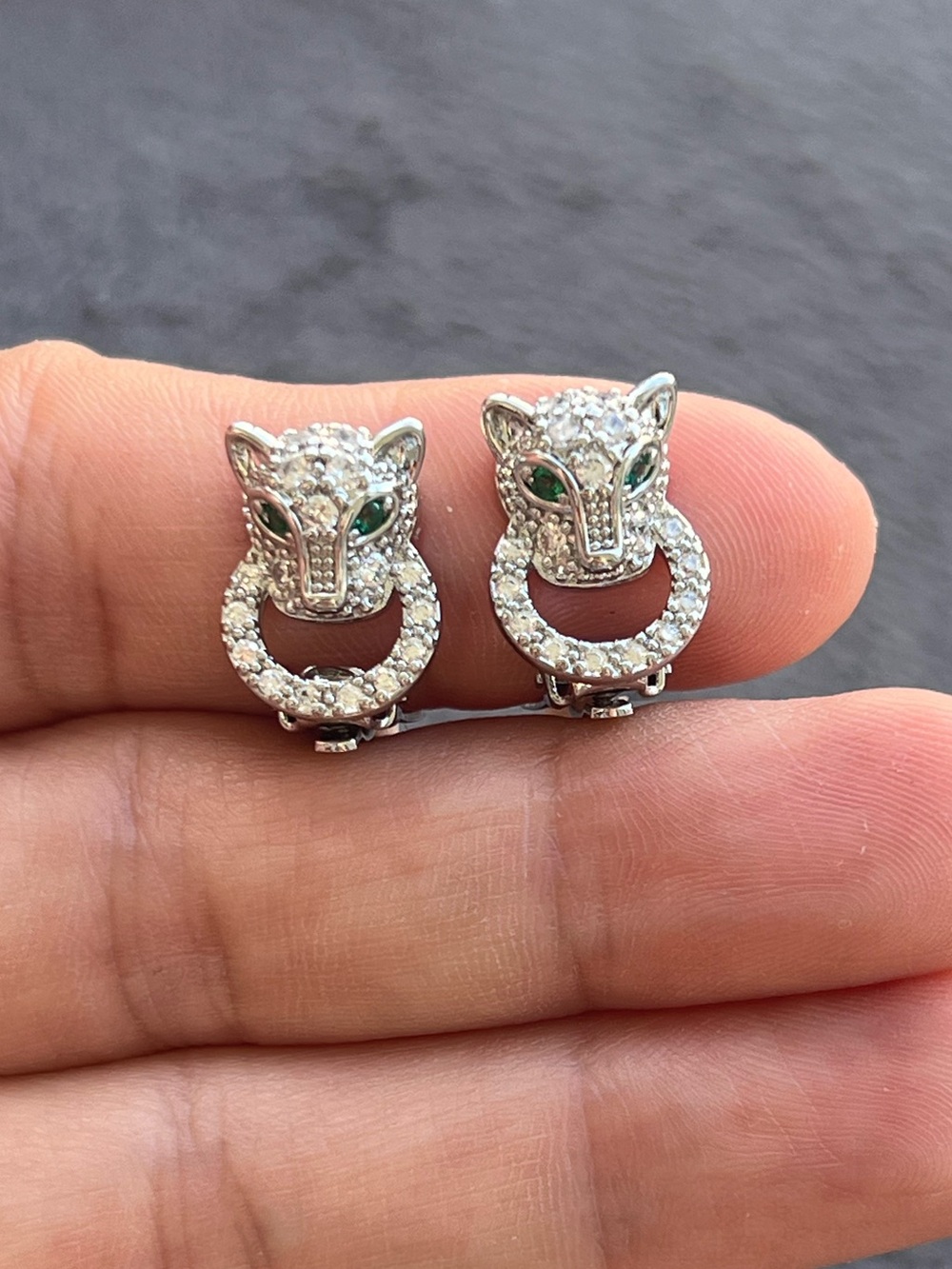 White Gold Plated Brass Crystal Panther Clip-On Earrings